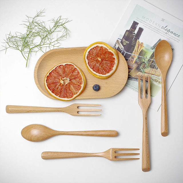 wholesale restaurant student portable natural beech bamboo wooden knife fork spoon flatware cutlery set for travel