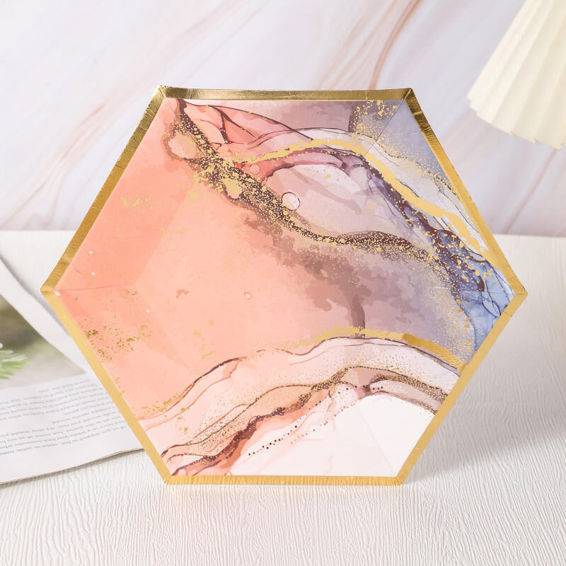 Quality supplier Custom hexagonal colored disposable gold-plated paper plates can be used to decorate parties