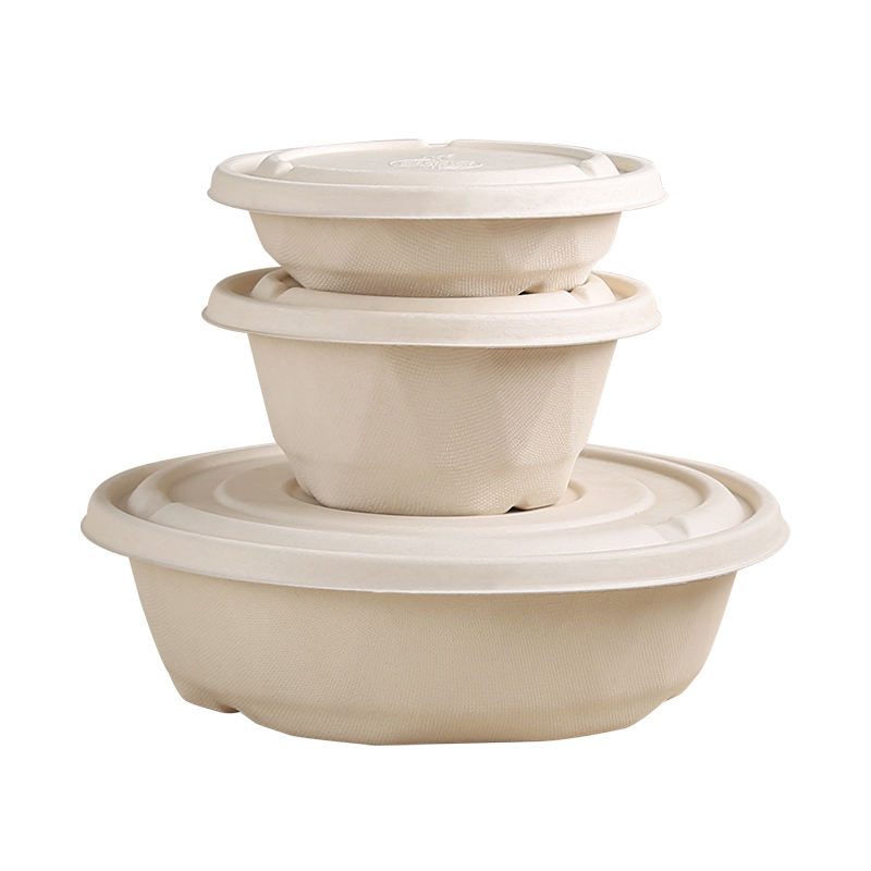 Compostable big round paper takeaway food container sugarcane bagasse pulp disposable bowls wholesale