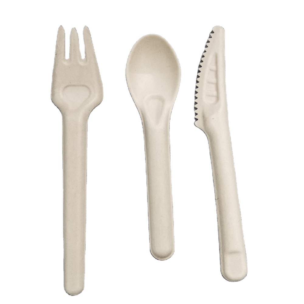 Biologisch abbaubarer Einweg-Zuckerrohr pulpe Weißes essbares Besteck Bagasse Papier messer Gabel löffel