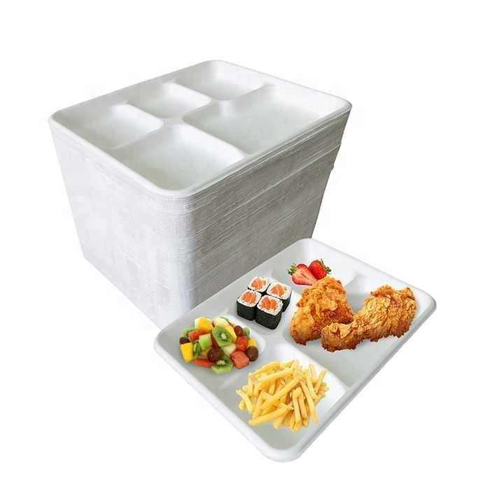 Biodegradable & Compostable Sugarcane Bagasse Plates 5 Compartment Fast Food Container Tray