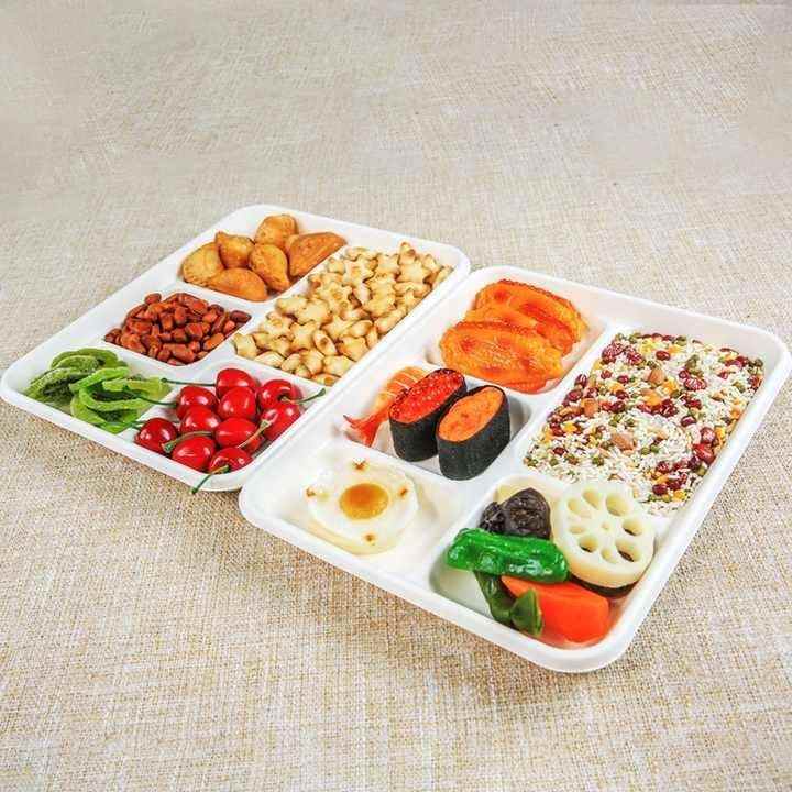 5 Compartment Rectangular Disposable and Compostable Dinnerware Sets Biodegradable Bagasse Food Platter Tray