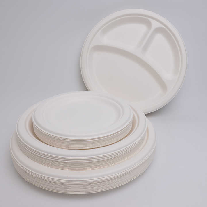 Wholesale Disposable Customized Dinner 3 Compartment Round Bagasse Food Plate for Restaurants