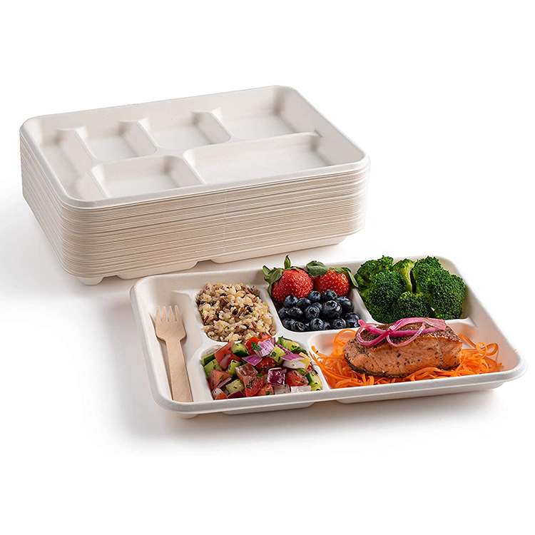 5 Fach Einweg Bagasse Tablett zum Mitnehmen Lebensmittel behälter Gemüse Mahlzeit Obst Sushi Bagasse Tablett
