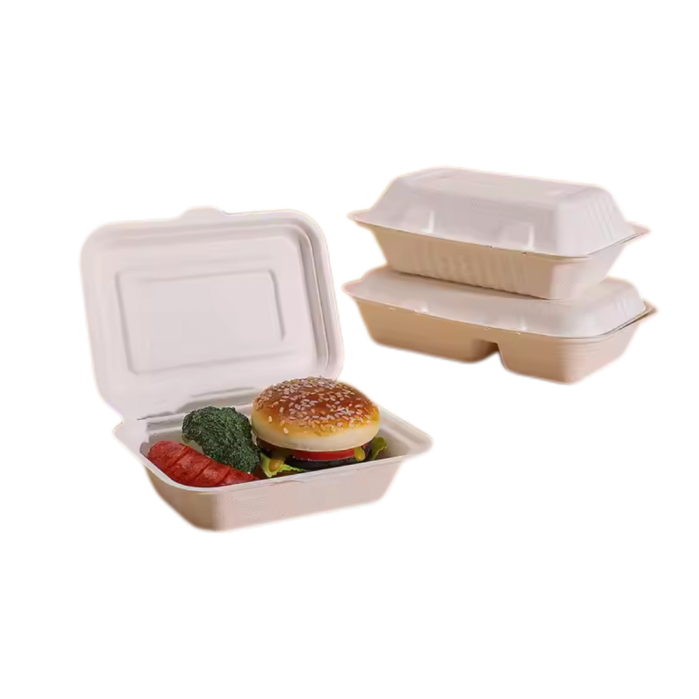 Lunch Box 9 Zoll 3 Fächer Zuckerrohr Bagasse Clam Shell Box Biologisch Abbaubares Zuckerrohr Geschirr