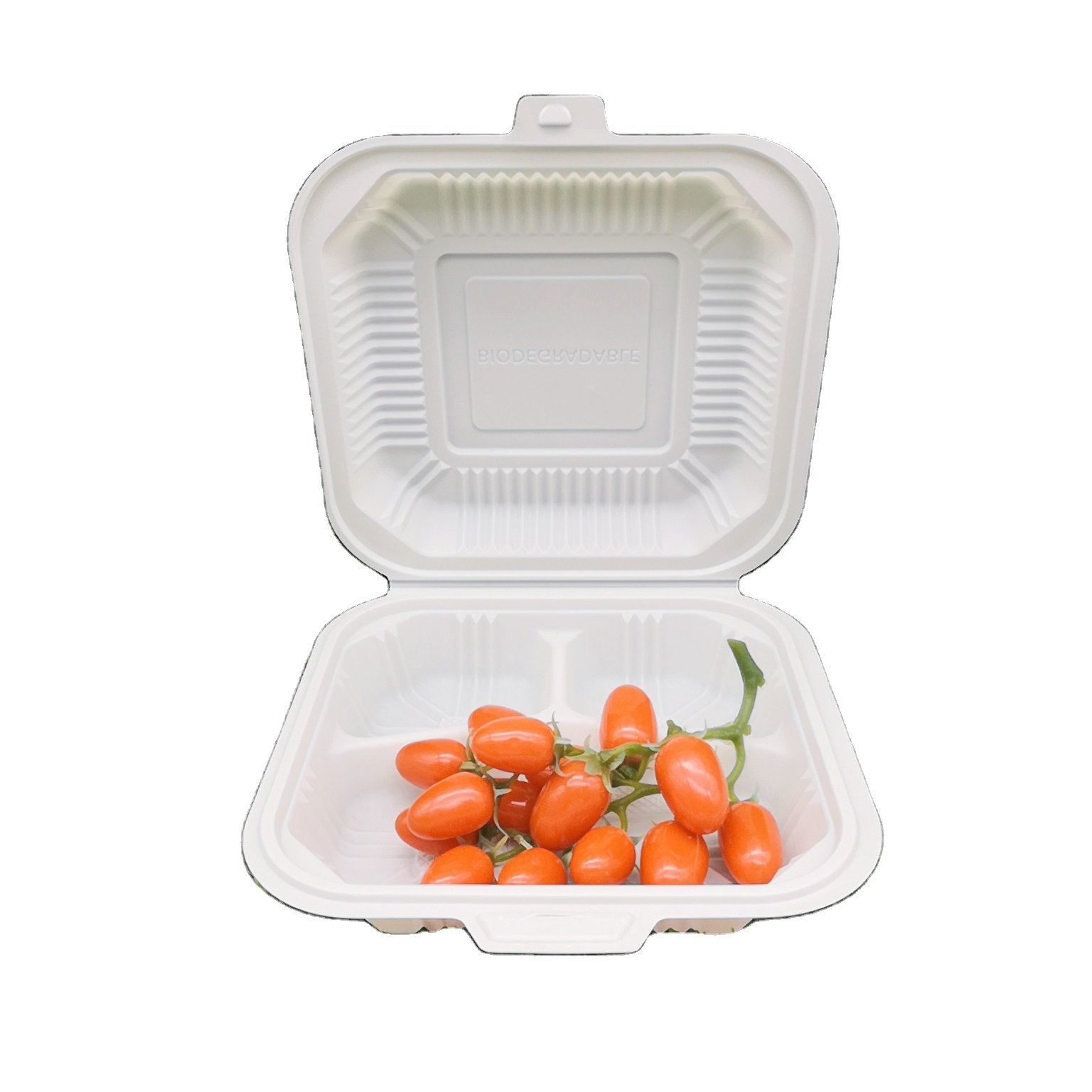 kompostierbare einweg-lunch-klappbox aus maisstärke 8*8 mit 3 fächern