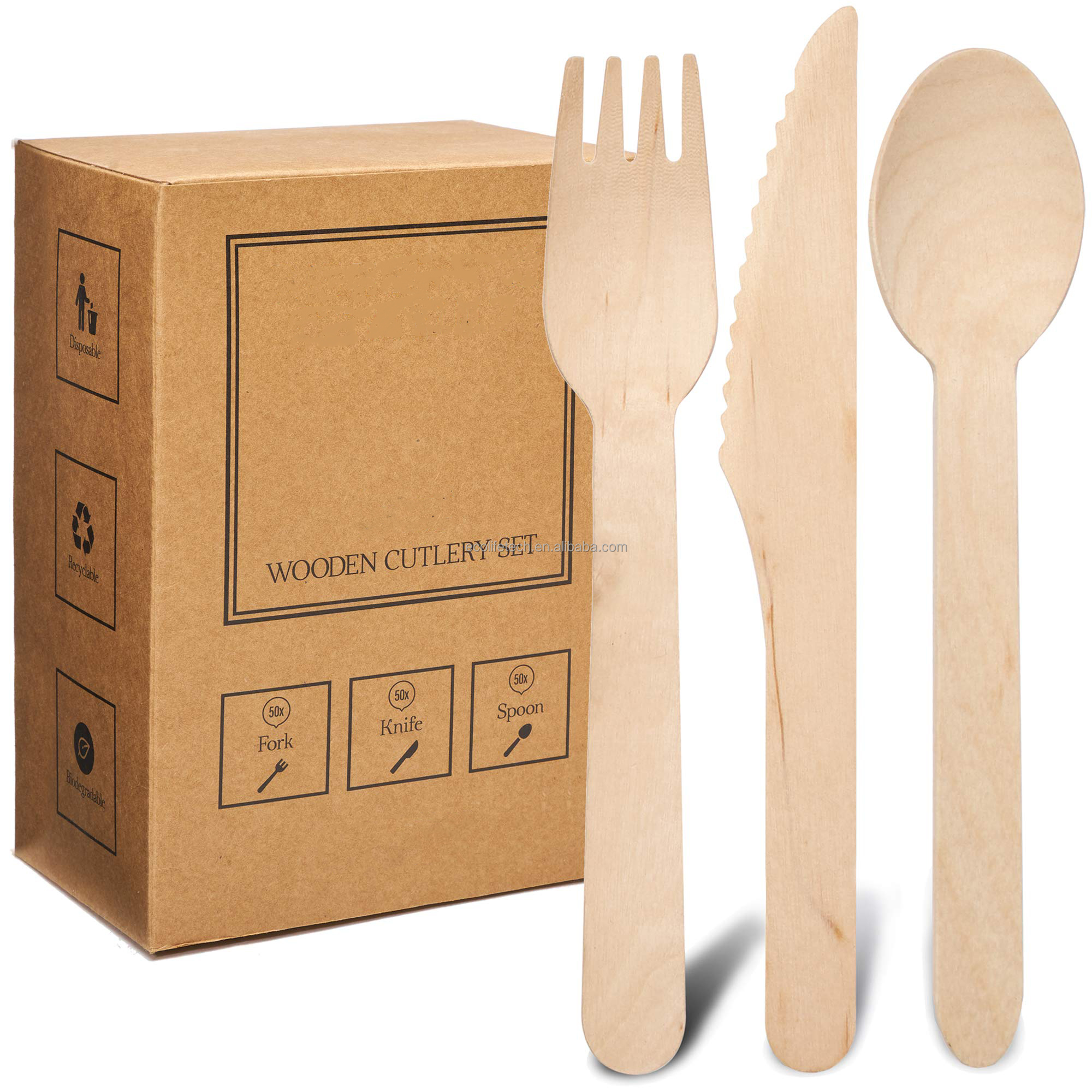 Natural Birch Wood Fancy Wooden Disposable Cutlery Spoon Fork Knife Set
