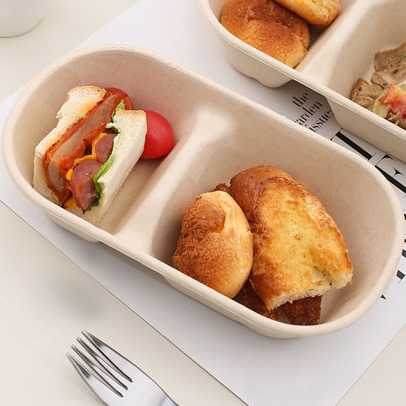 Factory Price Sugarcane Bowl Disposable Compostable Food Container 2 Compartment Bagasse Bowls with Lid for Restaurant Takeaway