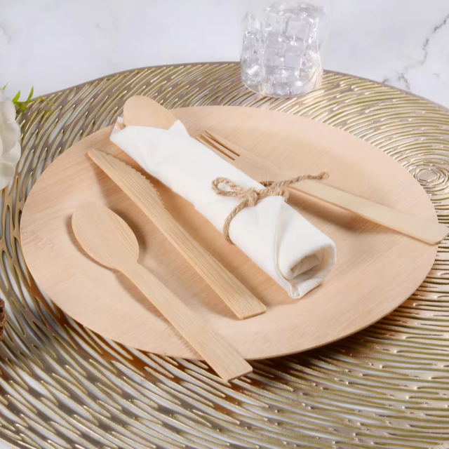Factory Direct Sale Cutlery Set Biodegradable Bamboo Spoon Fork Knife Disposable Wooden Wrapped Cutlery for Party Wedding