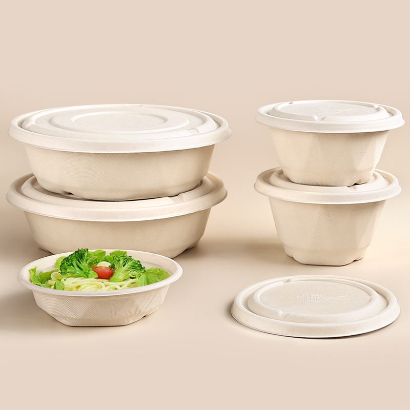 Compostable big round paper takeaway food container sugarcane bagasse pulp disposable bowls wholesale