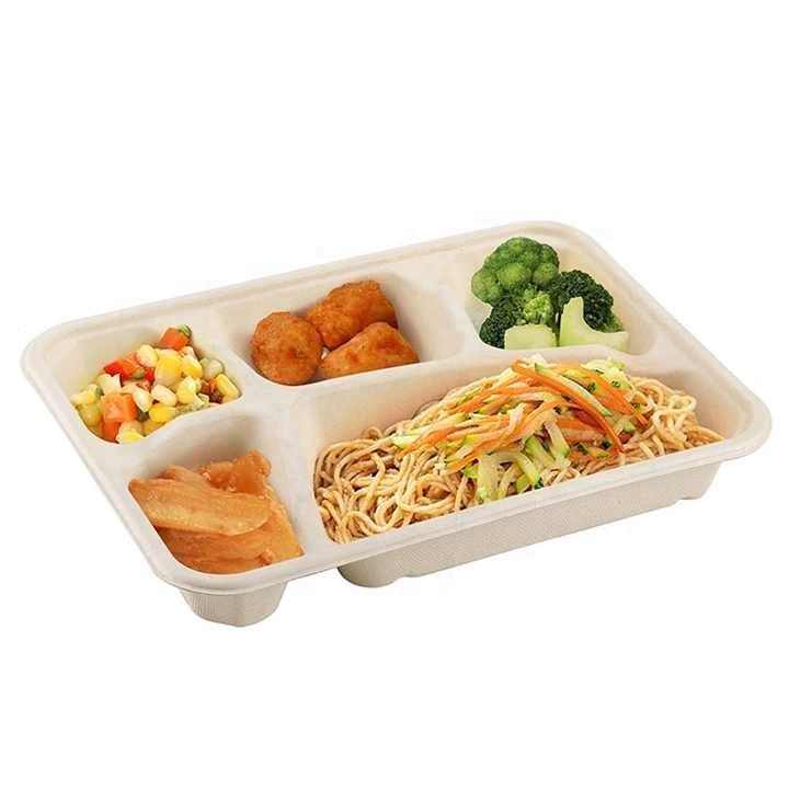 Biodegradable & Compostable Sugarcane Bagasse Plates 5 Compartment Fast Food Container Tray