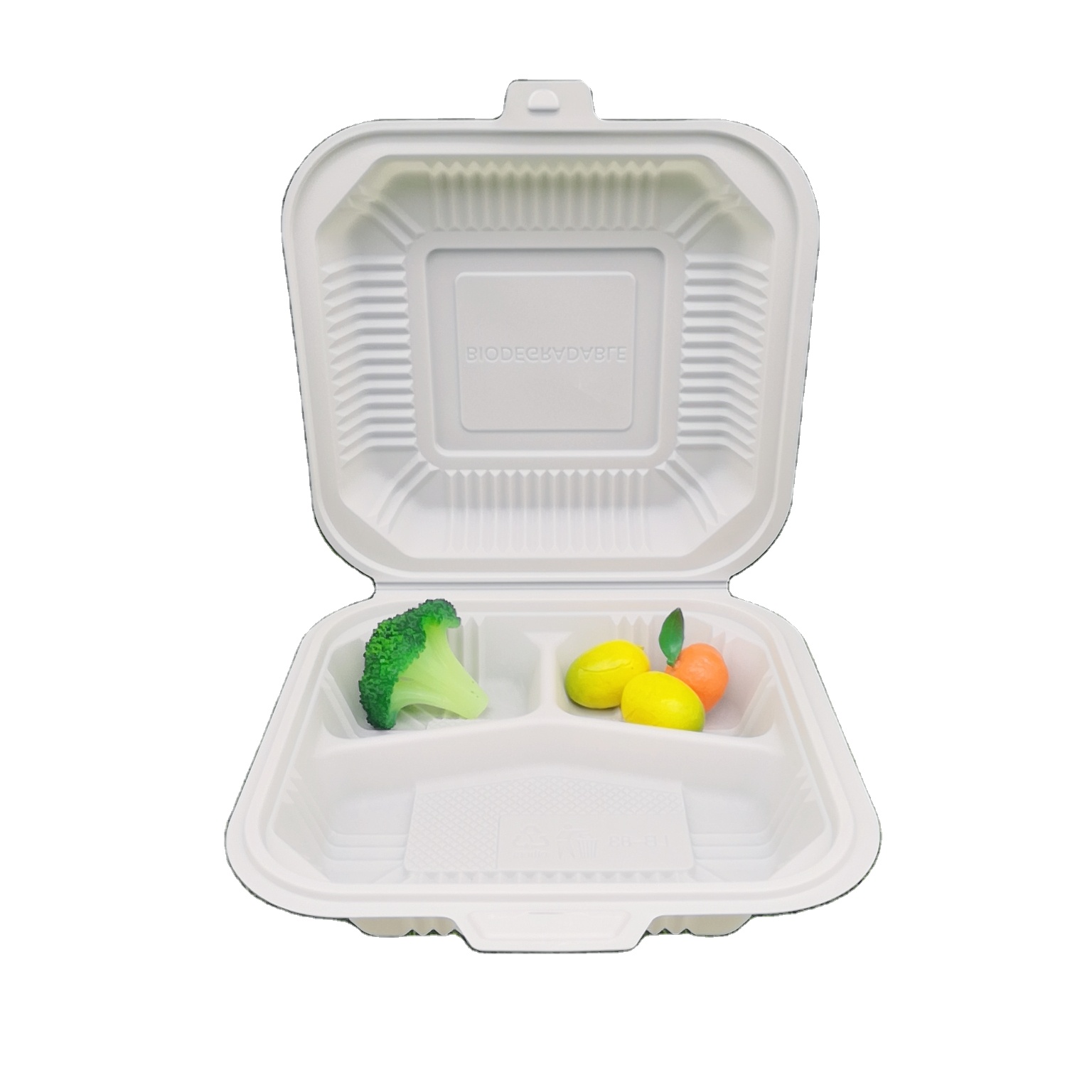 kompostierbare einweg-lunch-klappbox aus maisstärke 8*8 mit 3 fächern