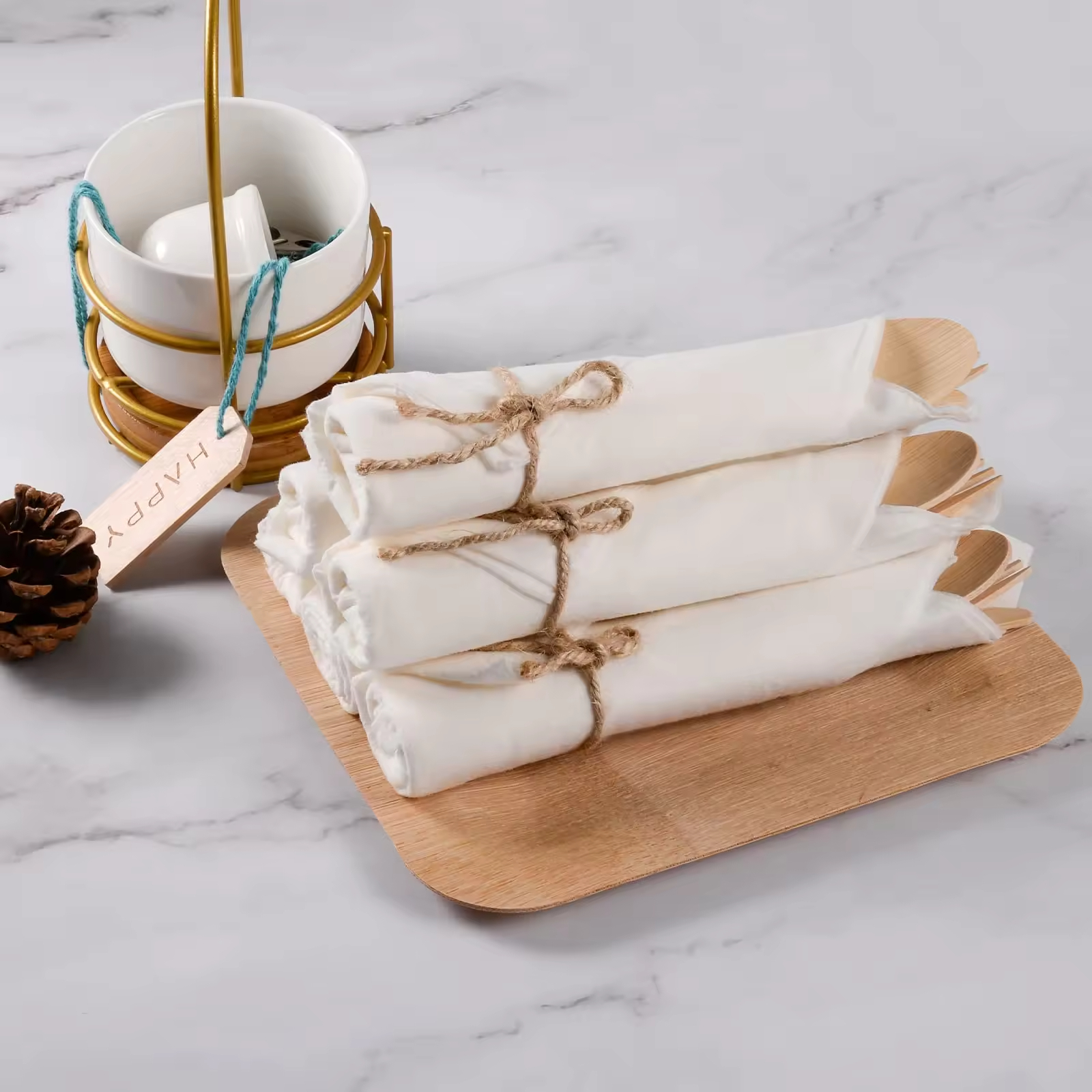Factory Direct Sale Cutlery Set Biodegradable Bamboo Spoon Fork Knife Disposable Wooden Wrapped Cutlery for Party Wedding