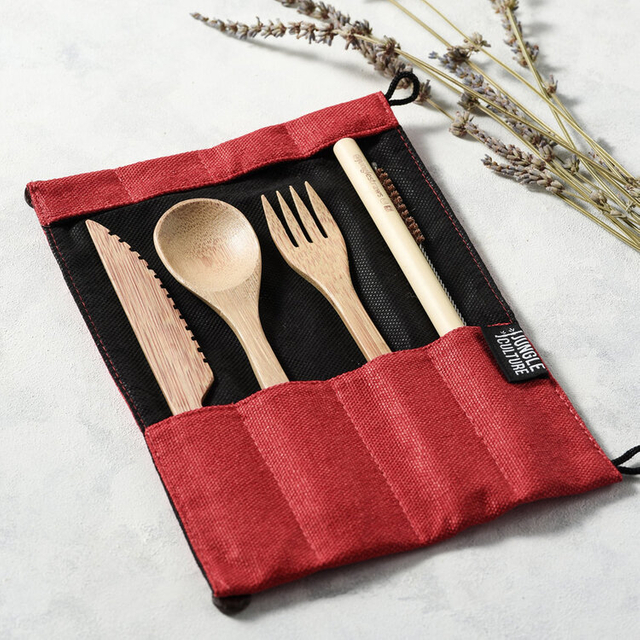 Natural biodegradable bamboo knife, fork, spoon, straw, brush travel tableware set custom logo bamboo tableware set