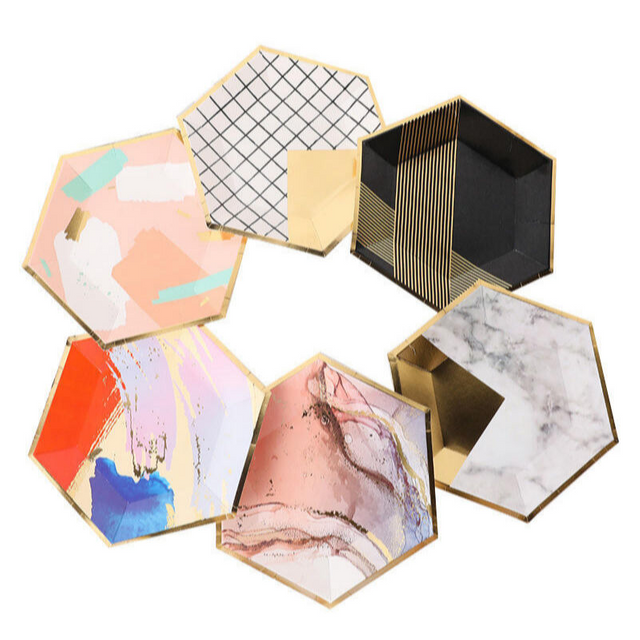 Quality supplier Custom hexagonal colored disposable gold-plated paper plates can be used to decorate parties