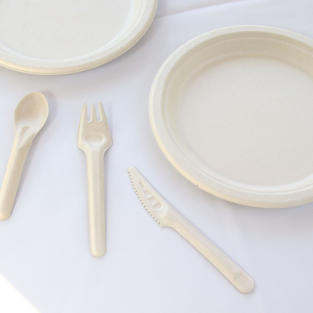 Compostable Disposable Sugarcane Bagasse Fiber Dinner Sets Bamboo Fiber Cutlery and Paper Forks for Weddings and Parties