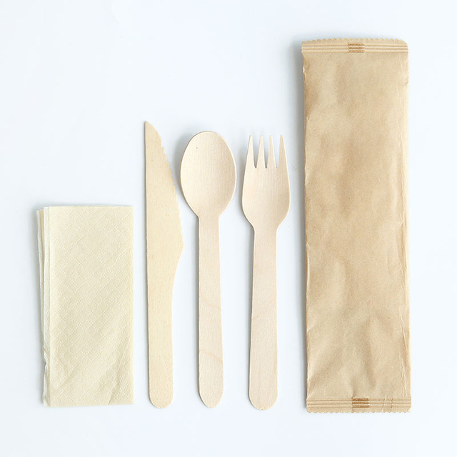 Travel cutlery set biodegradable cutlery Wooden spoon knife fork napkin in a paper wrap