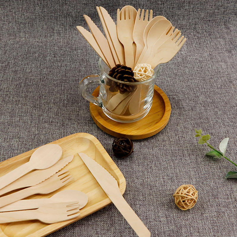 Eco-Friendly Biodegradable Disposable Birch Wooden Cutlery Set-Spoon Fork Knife with Individual Packaging