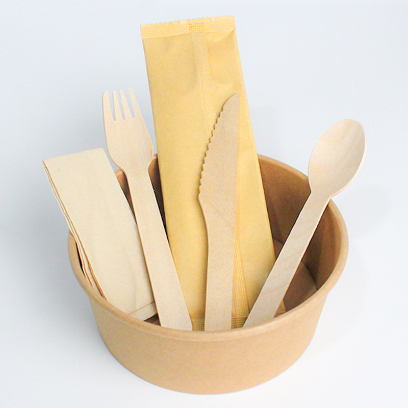 Heiße biologisch abbaubare kompost ierbare 16cm Holz besteck Set vor gerollte Serviette gewickelt Einweg gabeln Messer Löffel für Partys