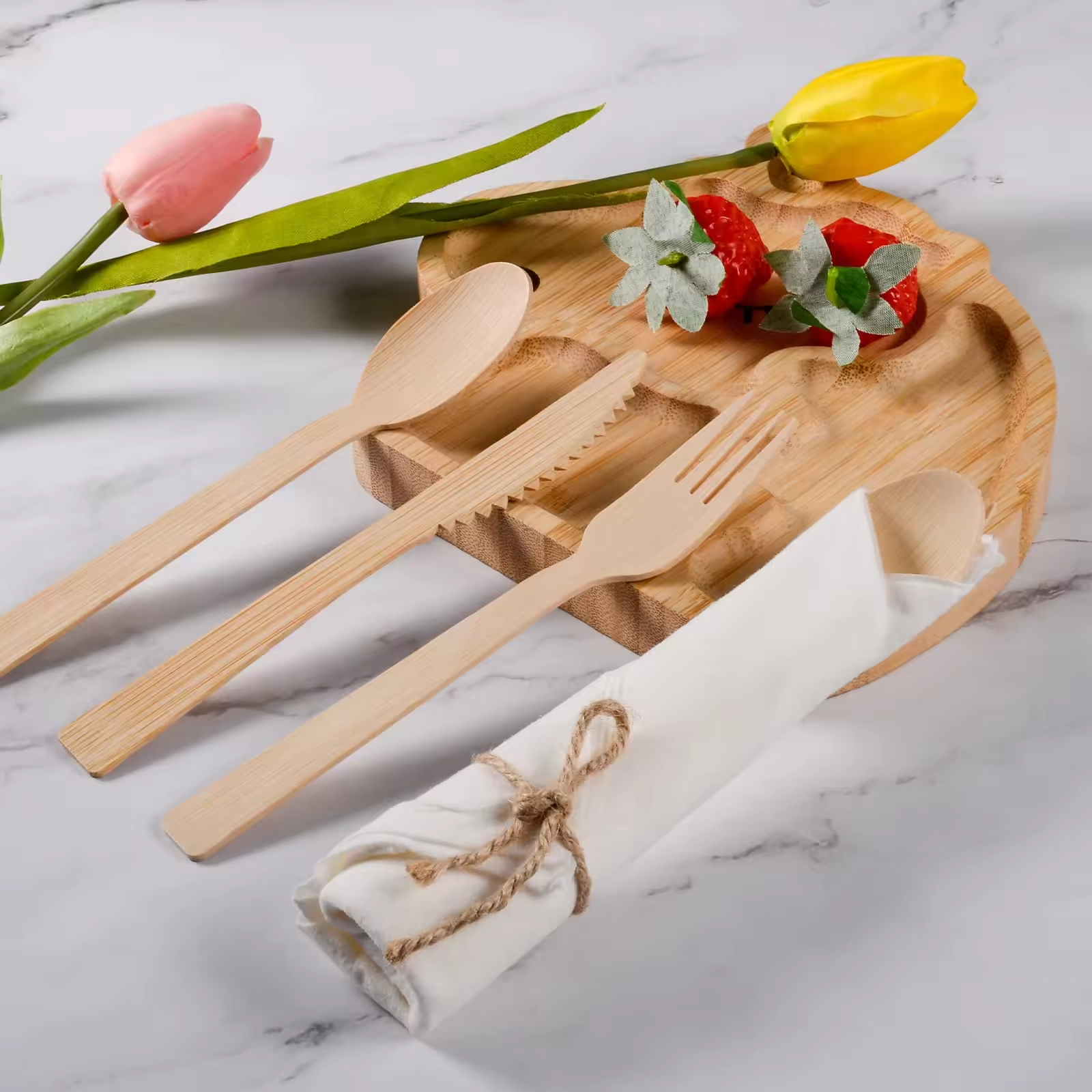 Factory Direct Sale Cutlery Set Biodegradable Bamboo Spoon Fork Knife Disposable Wooden Wrapped Cutlery for Party Wedding