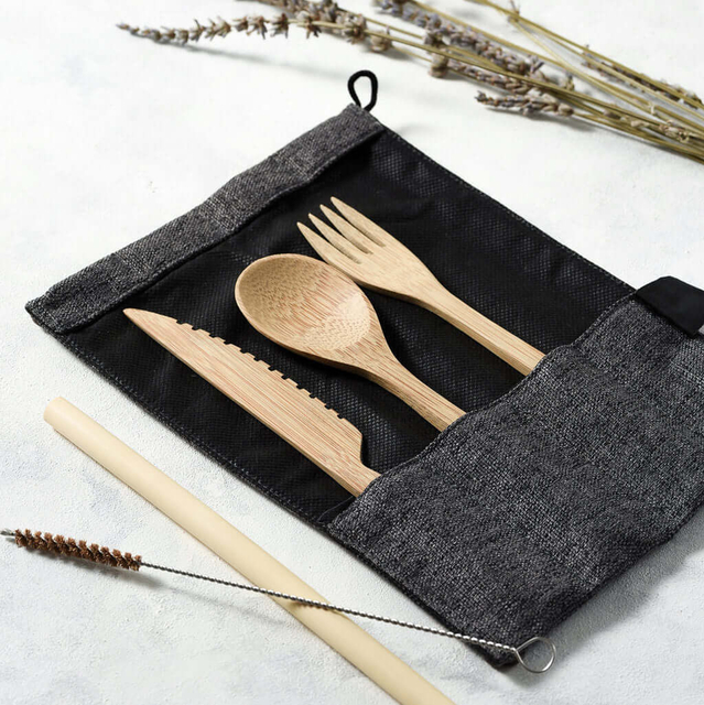 Natural biodegradable bamboo knife, fork, spoon, straw, brush travel tableware set custom logo bamboo tableware set