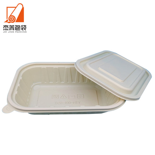 Rectangular biodegradable take-out food container, packed with cornstarch with lid
