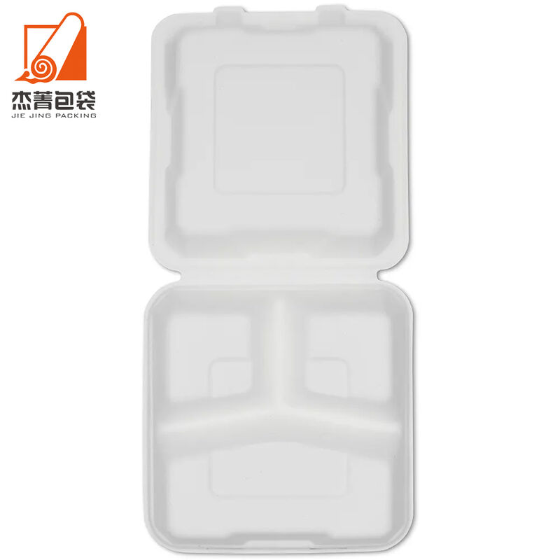 Biodegradable bagasse pulp takeout lucn box 8 inch 3 compartment sugarcane food container