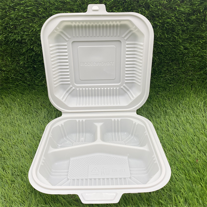 Kompost ierbare mikrowellen geeignete Maisstärke in Lebensmittel qualität 8 Zoll 3-fach Lunch Clam shell Box zum Mitnehmen