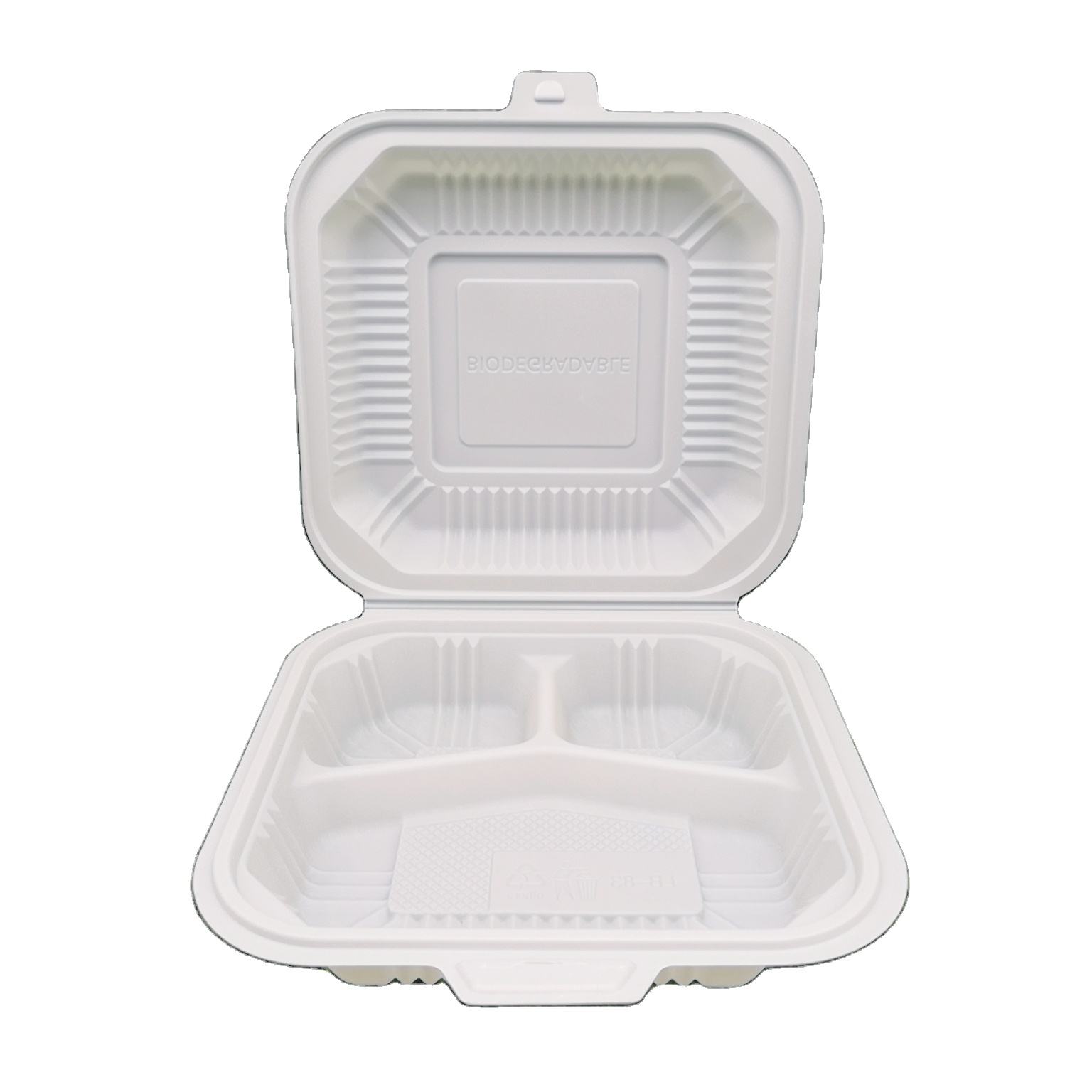 kompostierbare einweg-lunch-klappbox aus maisstärke 8*8 mit 3 fächern