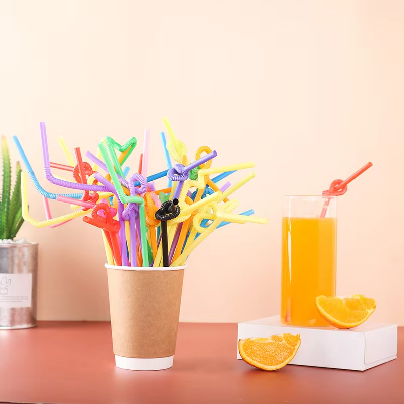 Colorful Disposable Flexible Plastic Straws Beverage Juice Creative Design Individually Wrapped Plastic Drinking Straws
