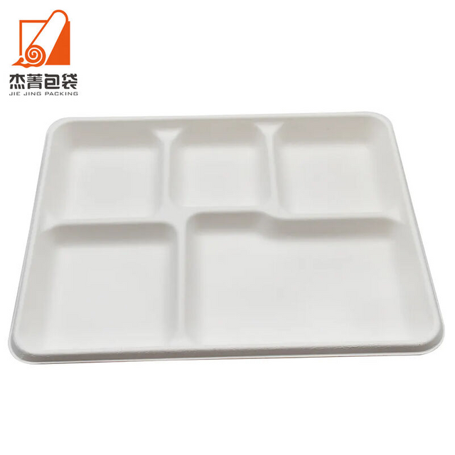 Wholesale Disposable White 5 Compartment Rectangular Sugarcane Pulp Bagasse Oval Tray