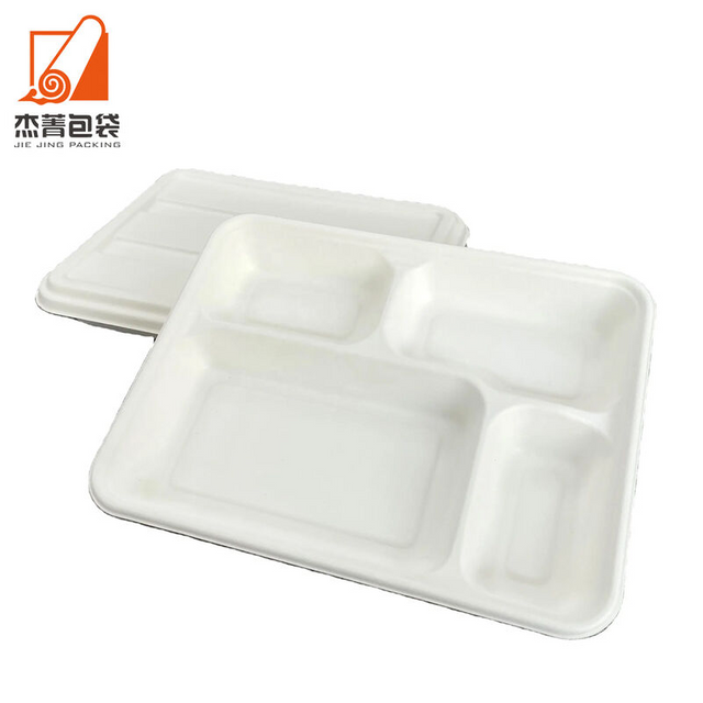 4 Compartment Meal Tray Rectangular Plate Greaseproof Microwavable Disposable Sugarcane Paper Plates