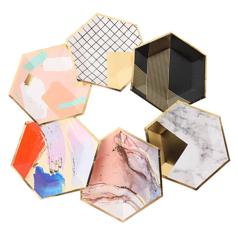 Quality supplier Custom hexagonal colored disposable gold-plated paper plates can be used to decorate parties