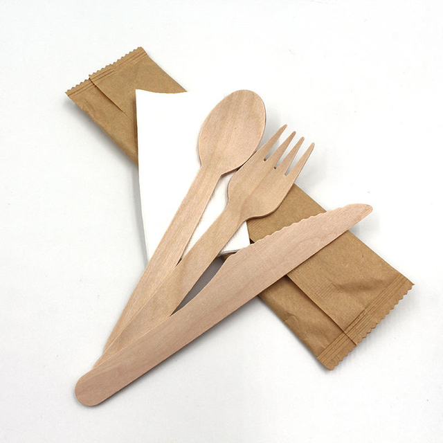 Travel cutlery set biodegradable cutlery Wooden spoon knife fork napkin in a paper wrap