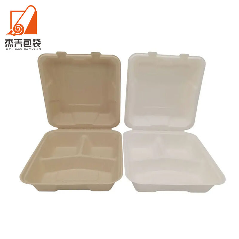 Biodegradable bagasse pulp takeout lucn box 8 inch 3 compartment sugarcane food container