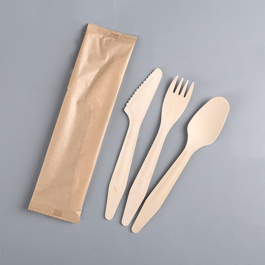 Disposable Biodegradable Wooden Cutlery Spoon Fork Knife with Individually Wrapped