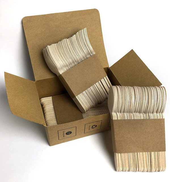 Portable wood effect travel cutlery set with individual paper wrapped wood fiber cutlery