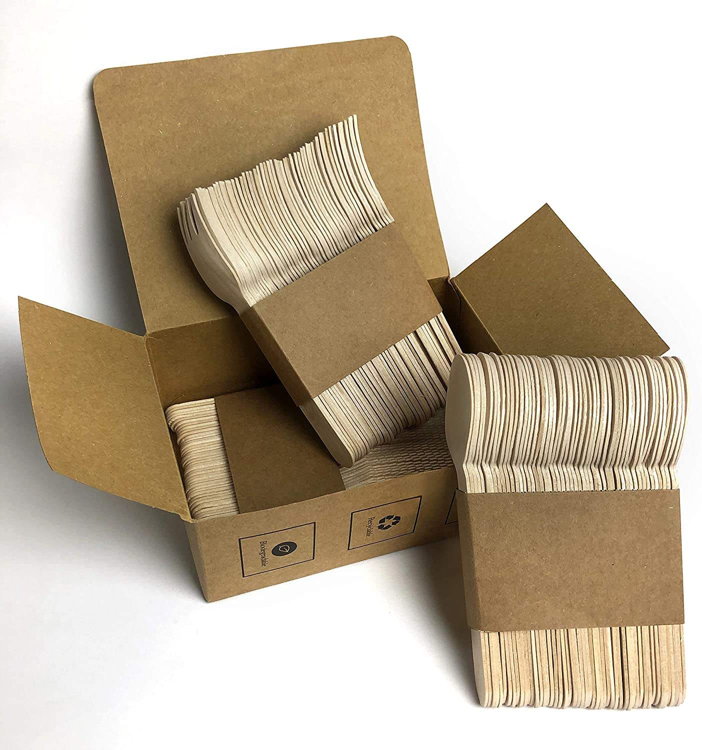 Portable wood effect travel cutlery set with individual paper wrapped wood fiber cutlery