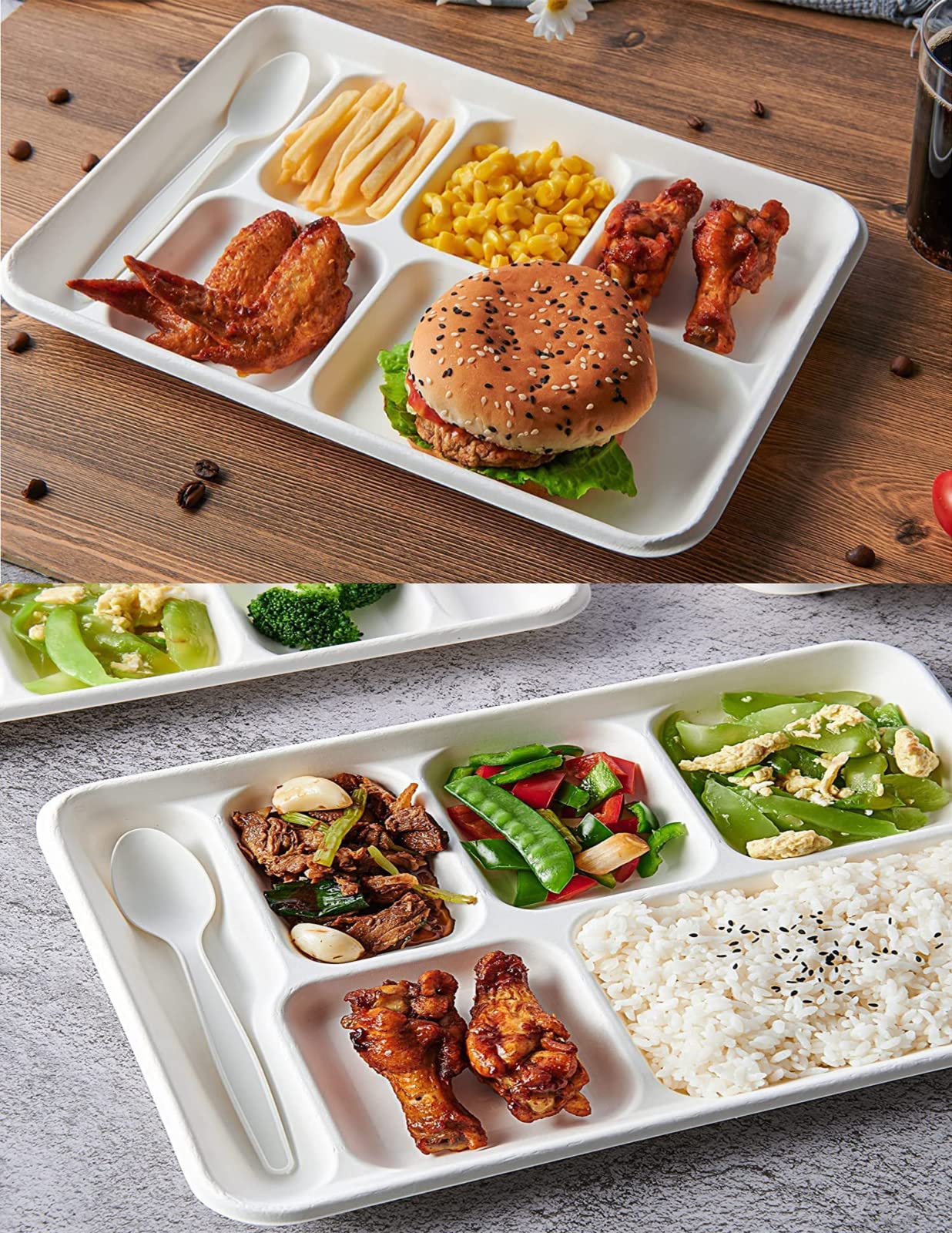 100% Compostable Heavy-Duty Biodegradable Sugarcane Plates 6 Compartment Plates School Lunch Trays