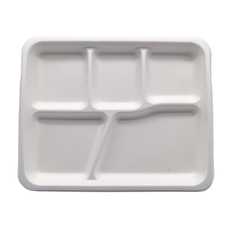 Cheap Wholesale Sugarcane Bagasse Food Trays Biodegradable 5 Compartment Deep Tray with Lid